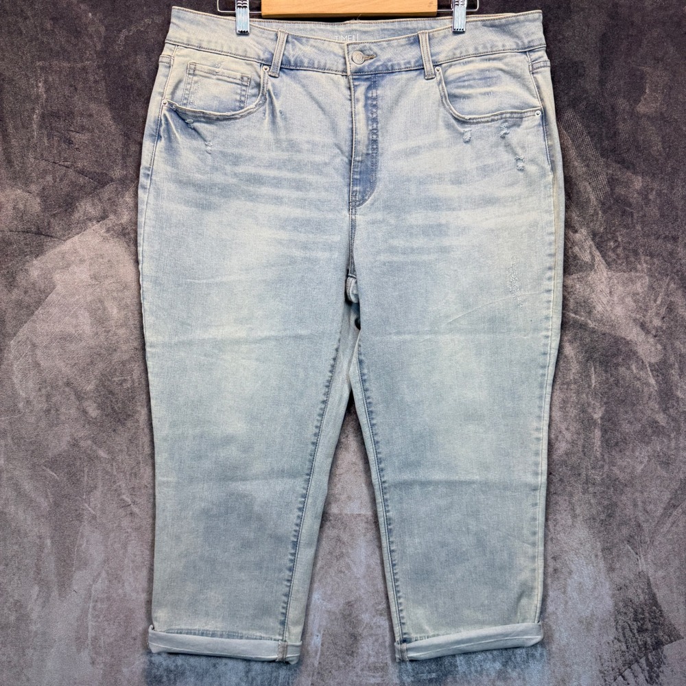Time And Tru Jeans Womens 20 Blue Cotton Capri High Rise Light Wash Distressed